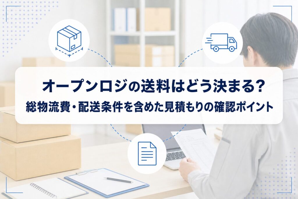 段ボールと見積書を確認する物流担当者を背景に、オープンロジの送料と総物流費の見積もり確認を示すアイキャッチ
