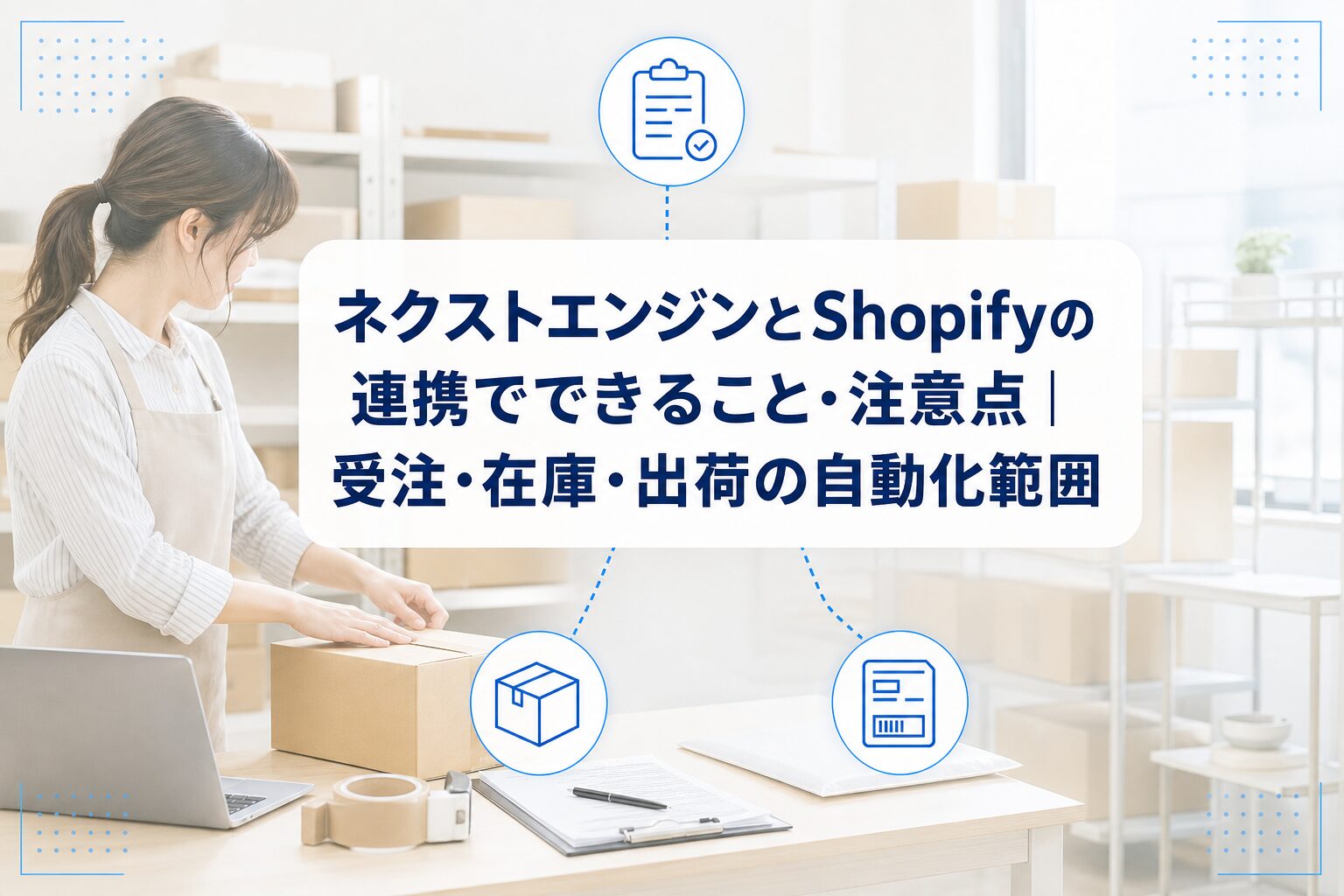 梱包作業の業務写真に、ネクストエンジンとShopifyの受注・在庫・出荷の自動化範囲を示すタイトルカードとアイコンを重ねたアイキャッチ