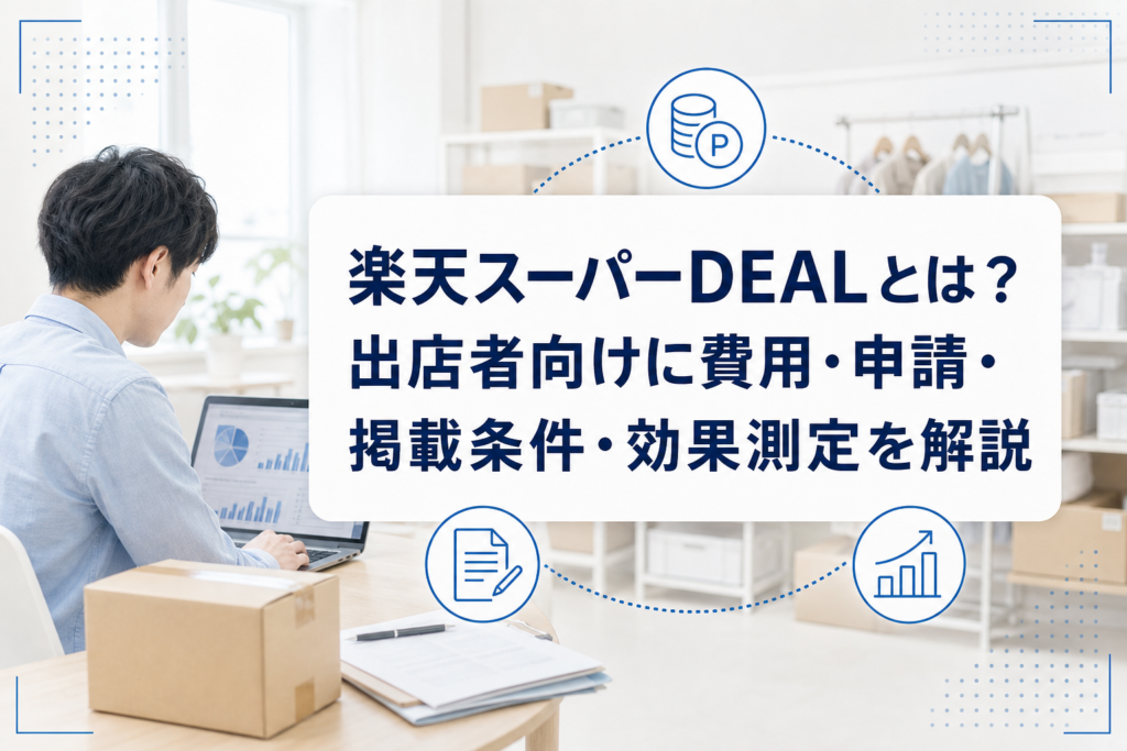 PCと梱包箱のある明るい業務風景に、楽天スーパーDEALの費用・申請・掲載条件・効果測定を解説する記事タイトルを重ねたアイキャッチ