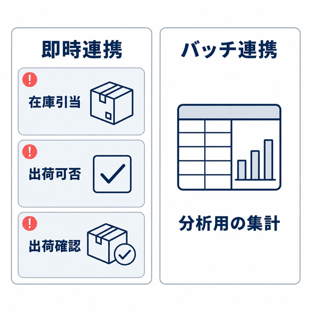 即時連携には在庫引当、出荷可否、出荷確認を置き、バッチ連携には分析用の集計を置いた同期タイミングの比較図