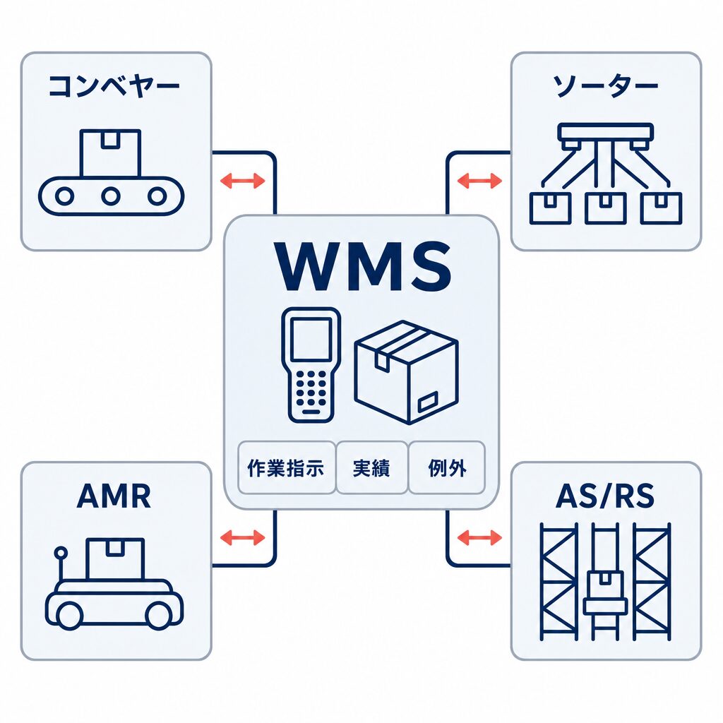 WMSを中心に、コンベヤー、ソーター、AMR、AS/RSと作業指示・実績・例外を双方向で連携する概念図