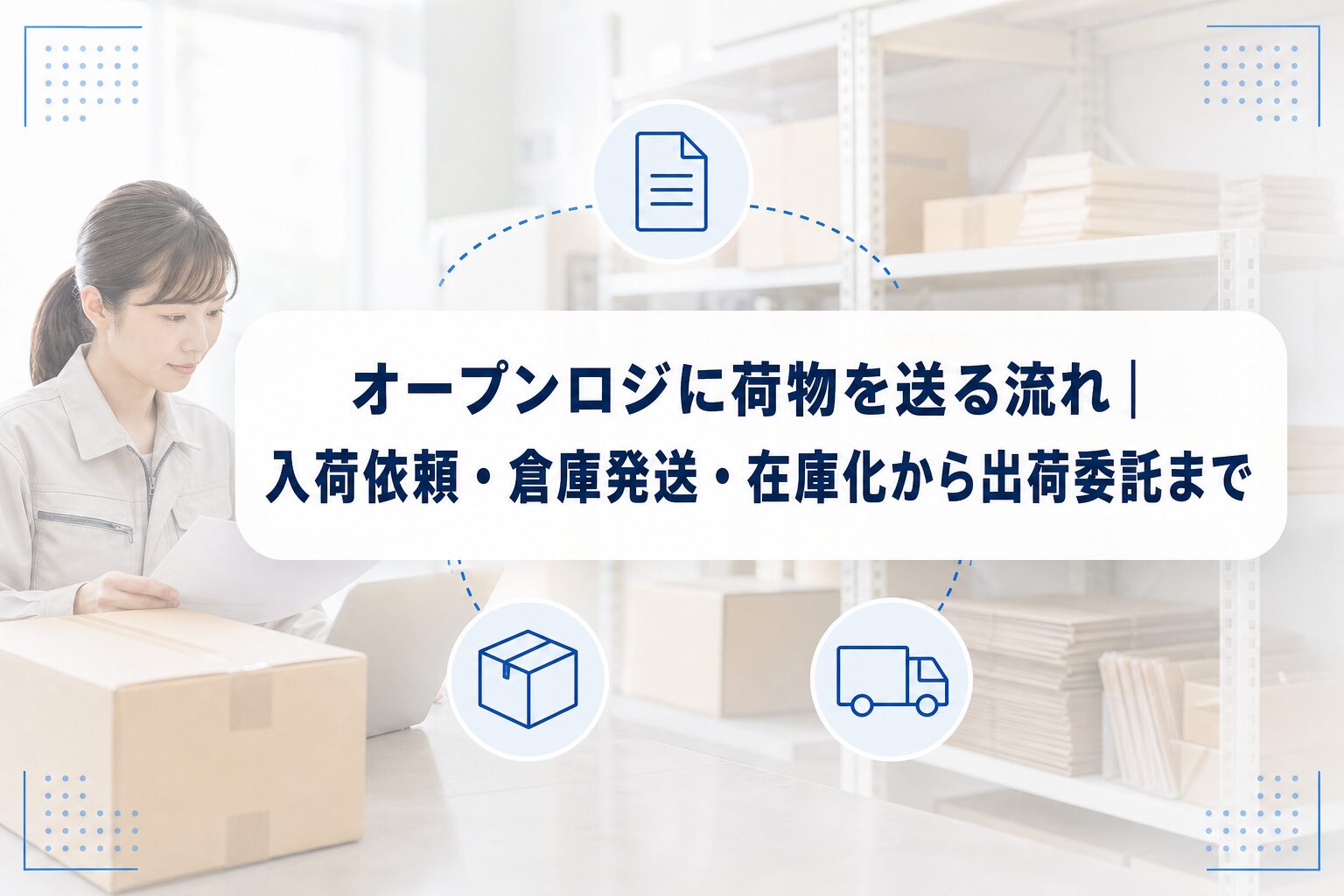 段ボールとPCを使う物流作業の写真に、入荷依頼から倉庫発送、出荷委託までを示す業務アイコンと記事タイトルを重ねたアイキャッチ