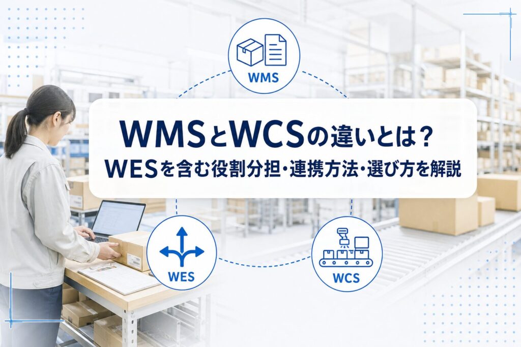 倉庫でPCと梱包箱を確認する作業者を背景に、WMS、WES、WCSの役割アイコンと記事タイトルを重ねたアイキャッチ