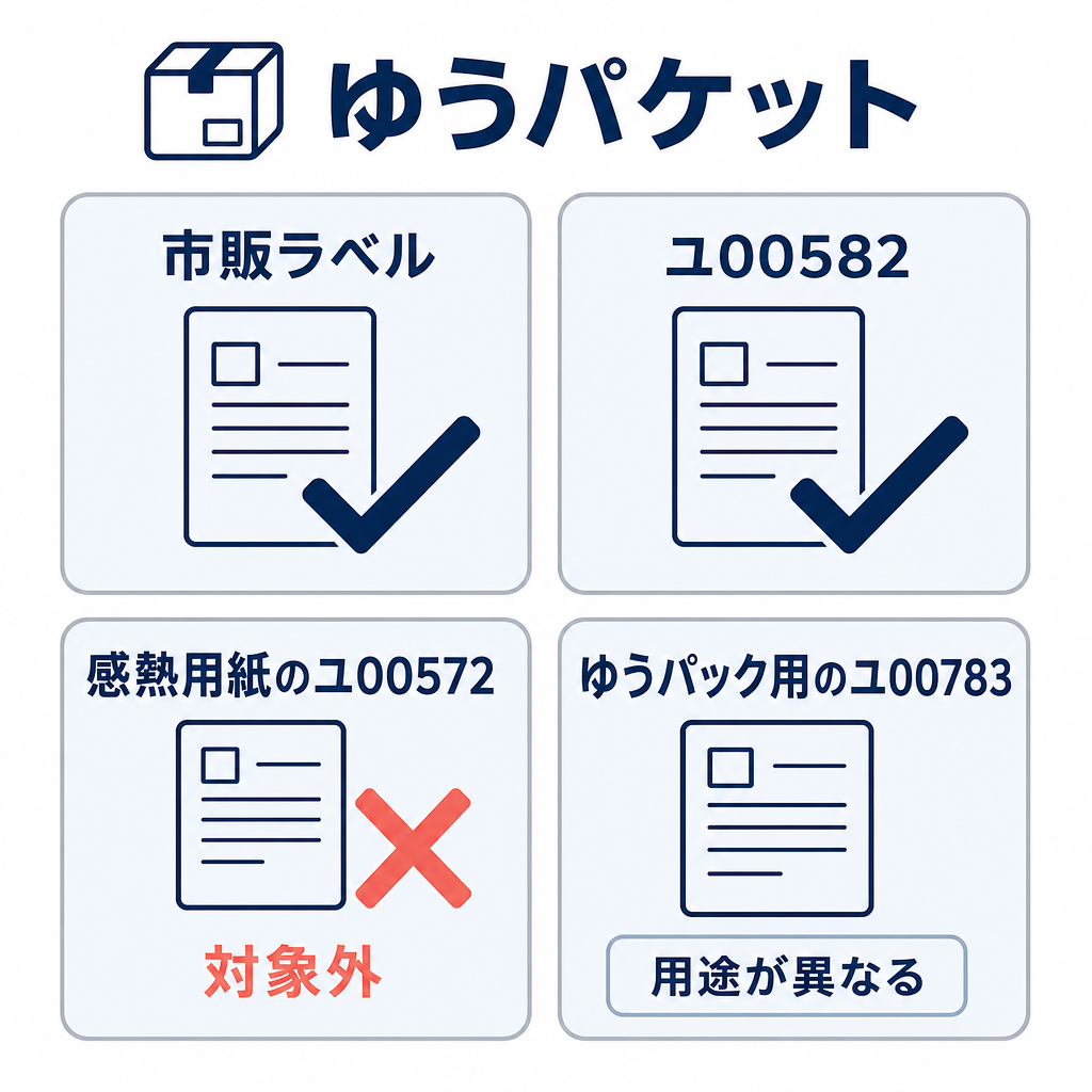 ゆうパケットで使える市販ラベルとユ00582、対象外の感熱用紙のユ00572、用途が異なるゆうパック用のユ00783を示す図