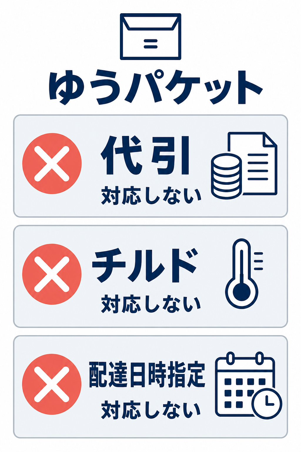 ゆうパケットでは代引、チルド、配達日時指定が対応しないことを示す3項目のチェック図