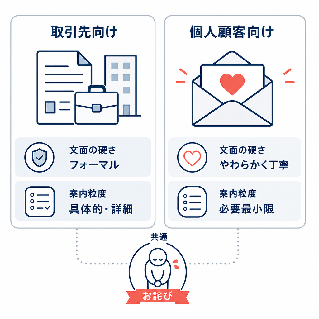 取引先向けと個人顧客向けで、お詫びメールの書き方を比較する図