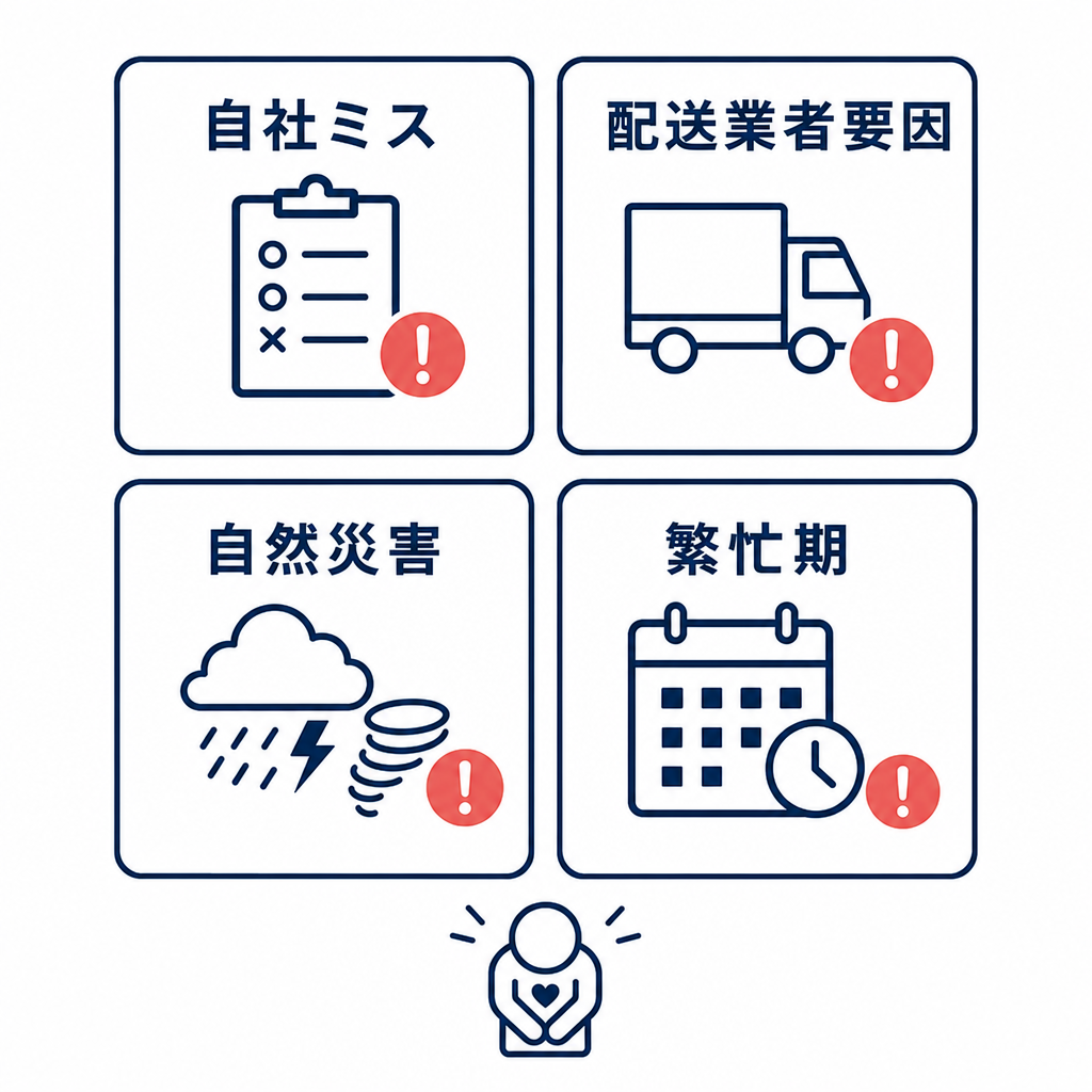 配送遅延の原因別に、自社ミス・配送業者要因・自然災害・繁忙期を整理した比較図
