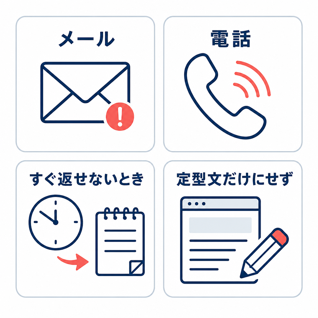 メール、電話、すぐ返せない場合、定型文だけにしない対応を2×2で整理した図解