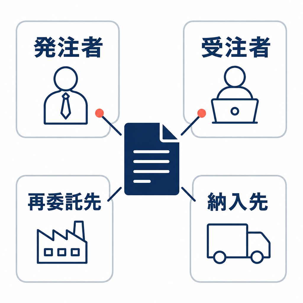 中央の文書アイコンの周囲に、発注者、受注者、再委託先、納入先の4つの役割名を配置した関係図。
