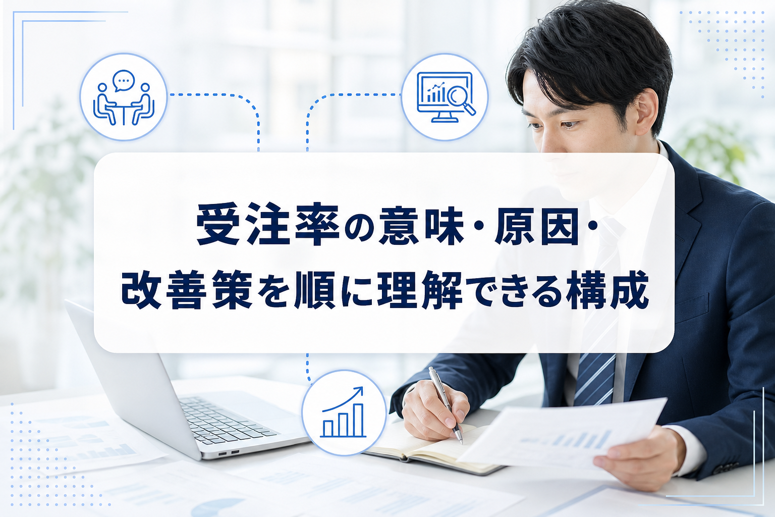 営業担当が商談記録とダッシュボードを確認しながら受注率を把握するイメージ