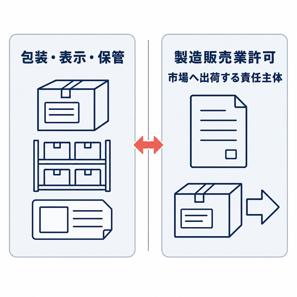 化粧品における包装・表示・保管と、製造販売業許可に関わる市場へ出荷する責任主体を左右に分けて示した比較図。