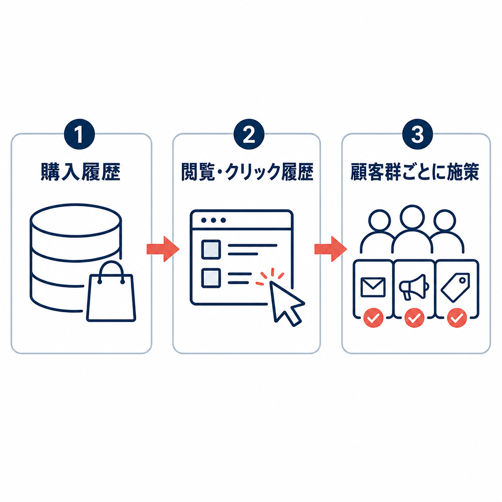 顧客データを集めて分析し、施策に落とす流れを示した図