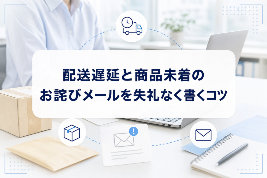 配送遅延と商品未着のお詫びメールを示す、封筒と配送箱を使ったビジネス向けアイキャッチ