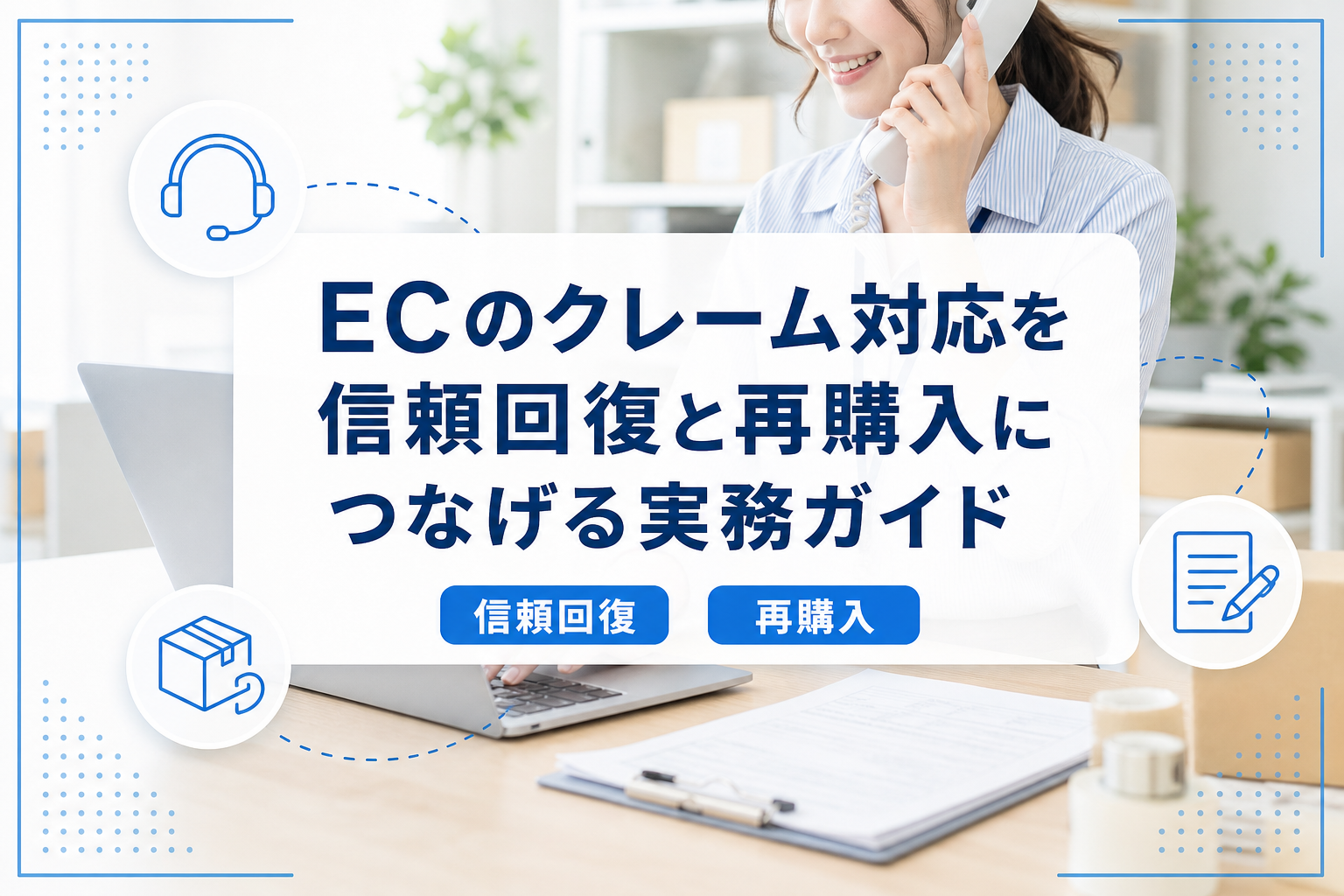 ECの問い合わせ対応を行う明るいオフィスの実写背景に、中央へ白いタイトルカードを重ね、謝罪・確認・改善を示す小さなアイコンを添えたアイキャッチ