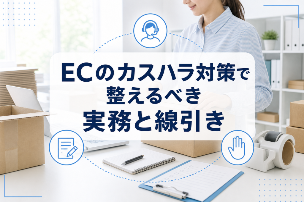 ECの問い合わせ対応現場を背景に、カスハラ対策の実務と線引きを示すアイキャッチ
