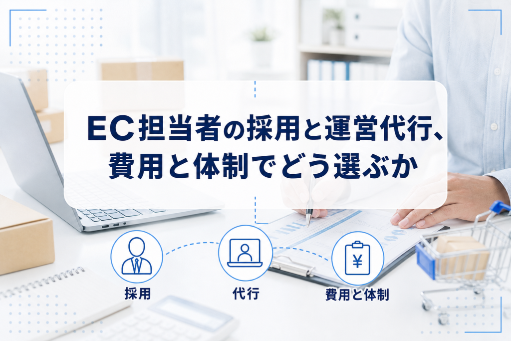 EC担当者の採用と運営代行を比較する記事のアイキャッチ。中央にタイトルカード、左右に採用と代行を示す業務アイコンがある