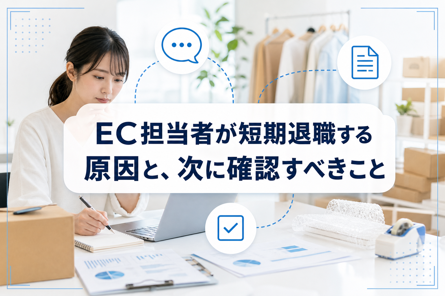 EC担当者が業務に悩む実写背景に、退職原因と次に確認すべきことを示すタイトルカードが重なったアイキャッチ