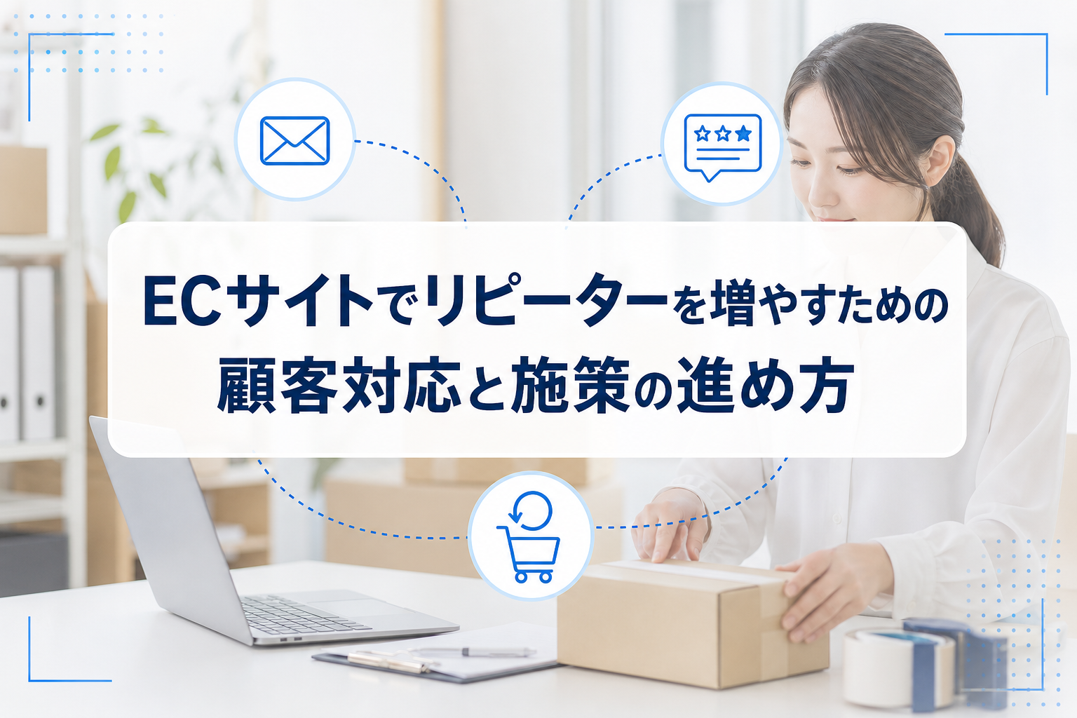 EC運営の作業場面を背景に、顧客対応から再購入へつながる流れを示したアイキャッチ