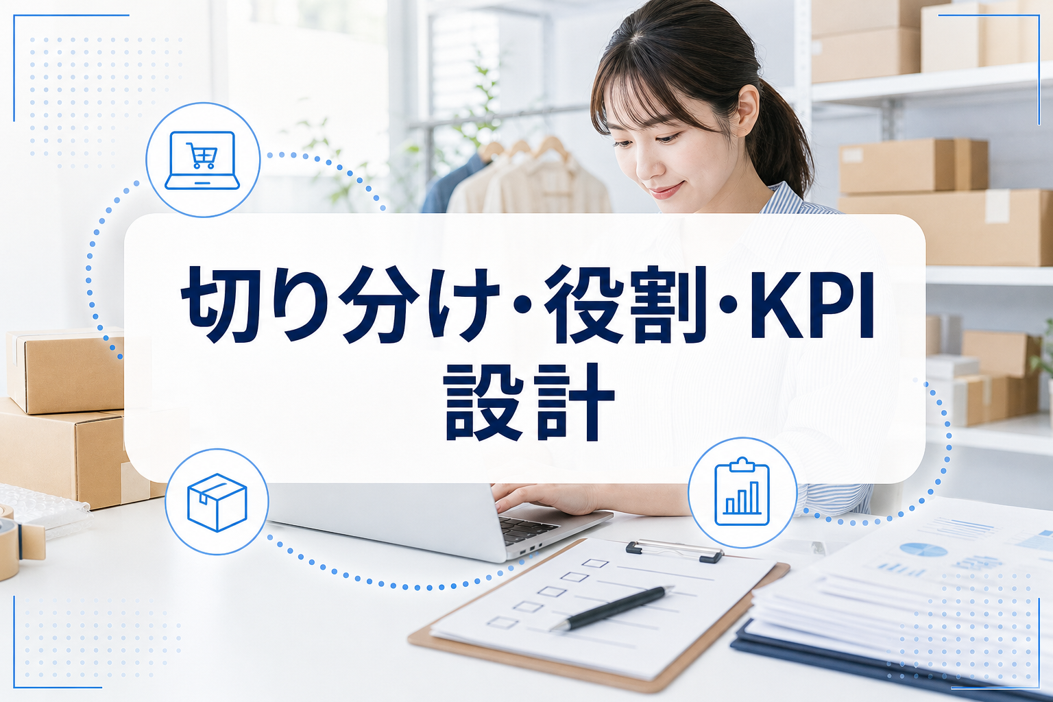 EC運営の作業場面を背景に、切り分け・役割・KPIを示すタイトルカードを置いたアイキャッチ