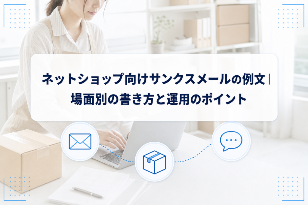 梱包作業スペースを背景に、ネットショップ向けサンクスメールの例文と書かれたタイトルカード、メール・配送・問い合わせを示すアイコンを配置したアイキャッチ。