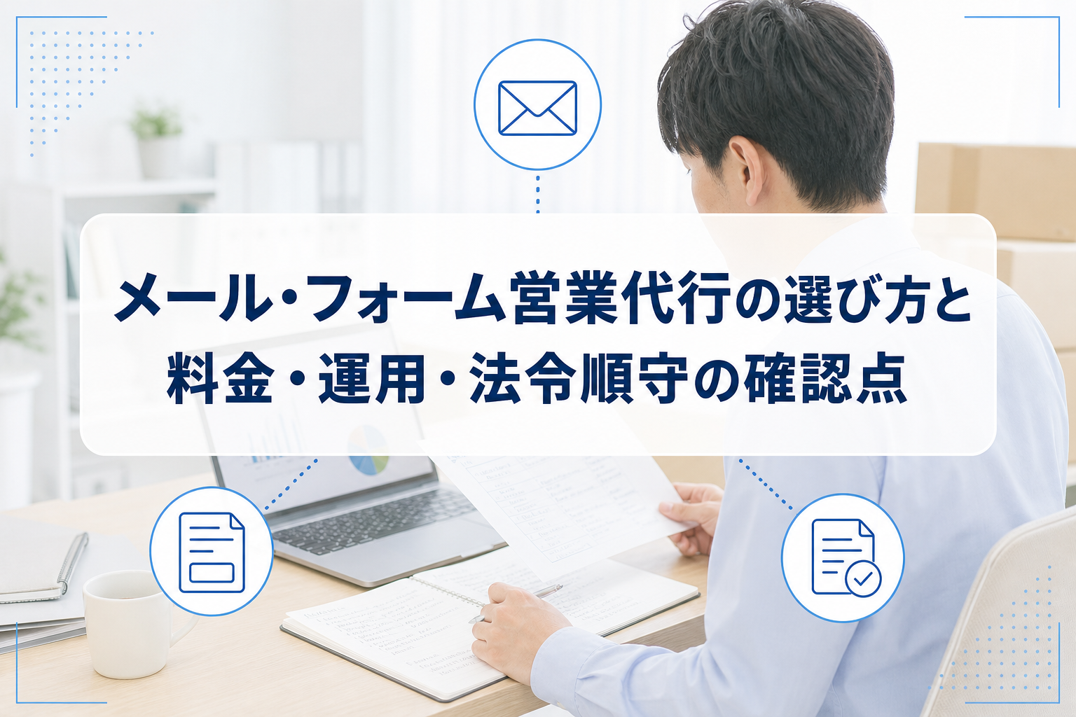 PCで営業計画を確認する人物の写真に、メール、フォーム、確認済み書類のアイコンと記事タイトルを重ねたアイキャッチ