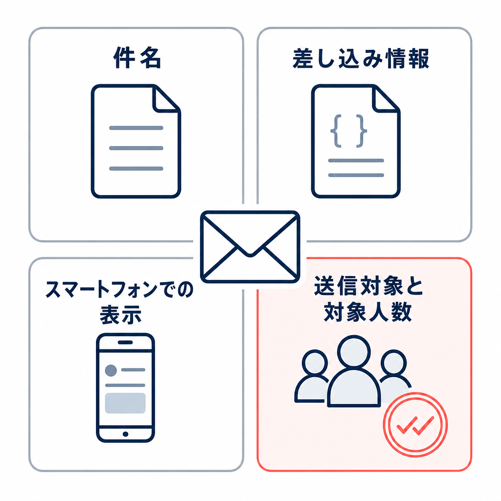 メール配信前に件名、差し込み情報、スマートフォンでの表示、送信対象と対象人数を確認する図