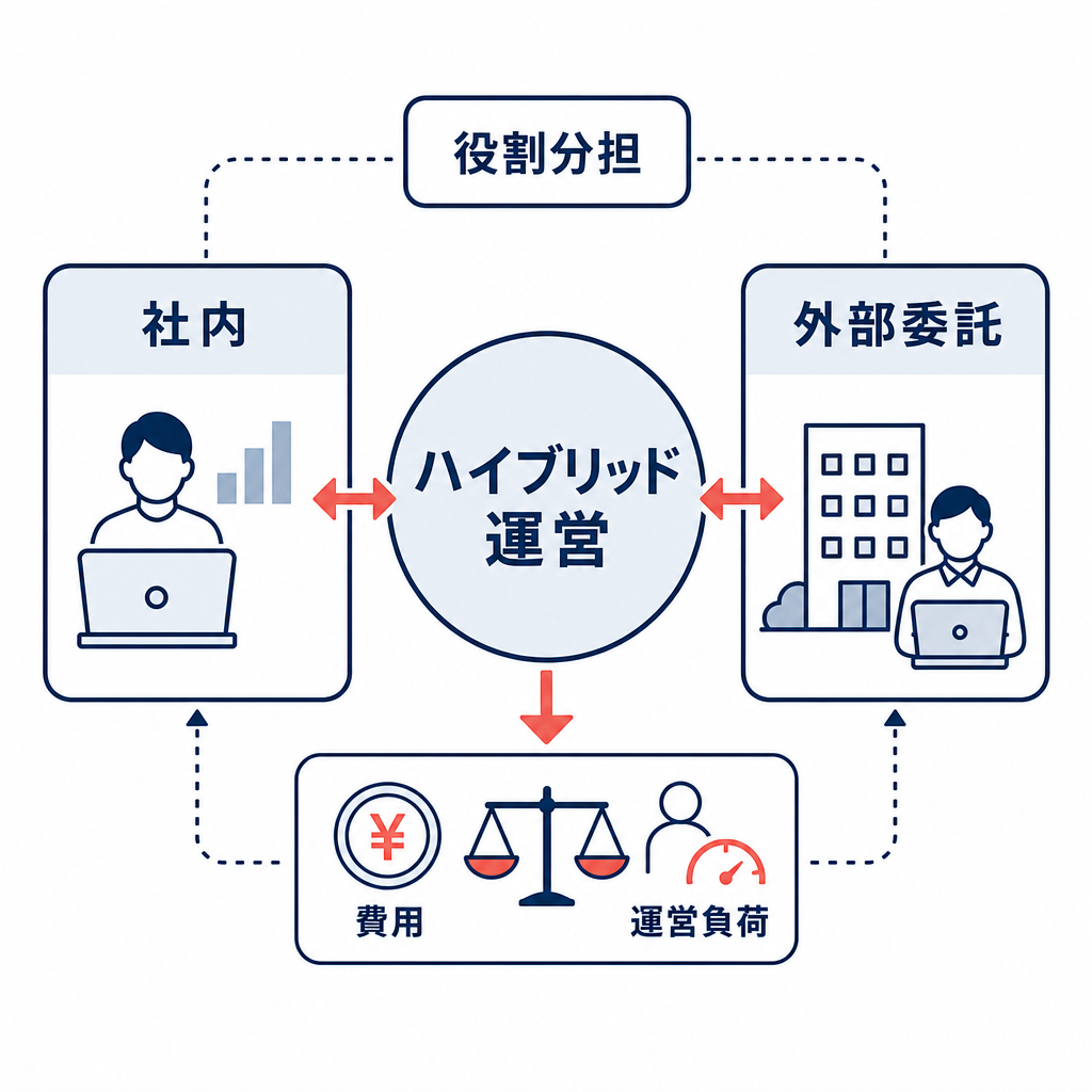 採用と代行を組み合わせるハイブリッド運営の関係図。中心にハイブリッド運営、周辺に社内と外部委託の役割がある