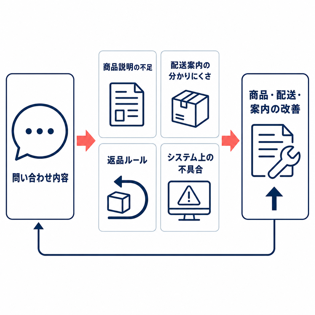問い合わせ内容を商品説明の不足、配送案内の分かりにくさ、返品ルール、システム上の不具合に分け、商品・配送・案内の改善へ戻す流れを示す図。
