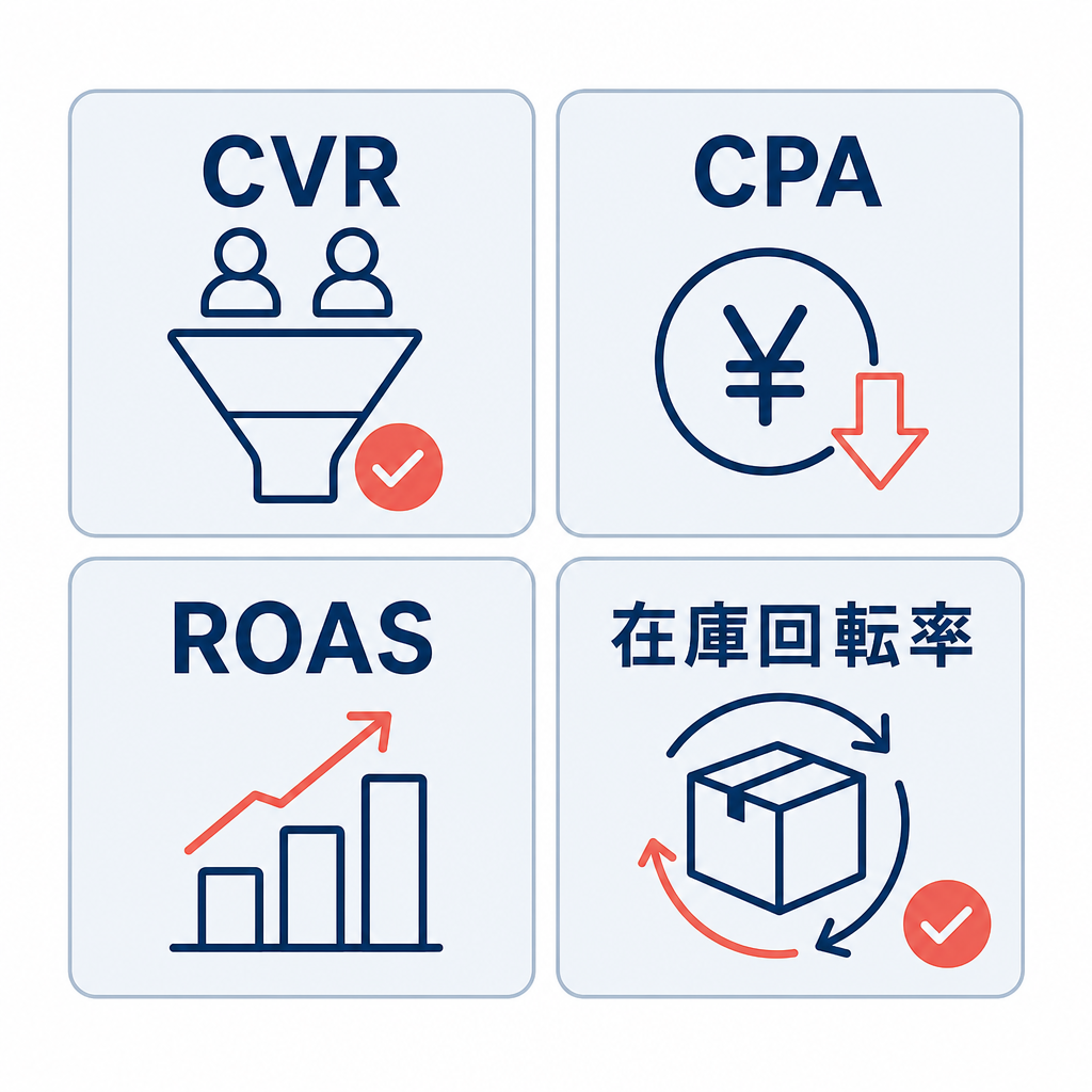 CVR、CPA、ROAS、在庫回転率を共有するKPIチェックカード