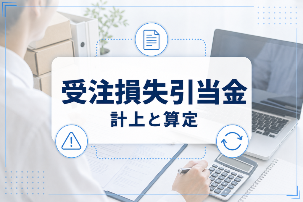 契約書と電卓が置かれた明るい会計デスクに、受注損失引当金のタイトルカードと概念アイコンを重ねたアイキャッチ