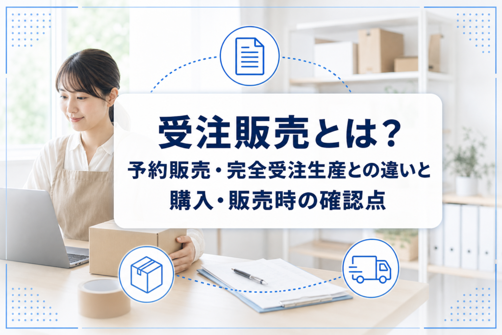 注文内容を確認し、梱包箱を準備する作業者と、受注販売の記事タイトルを示したアイキャッチ