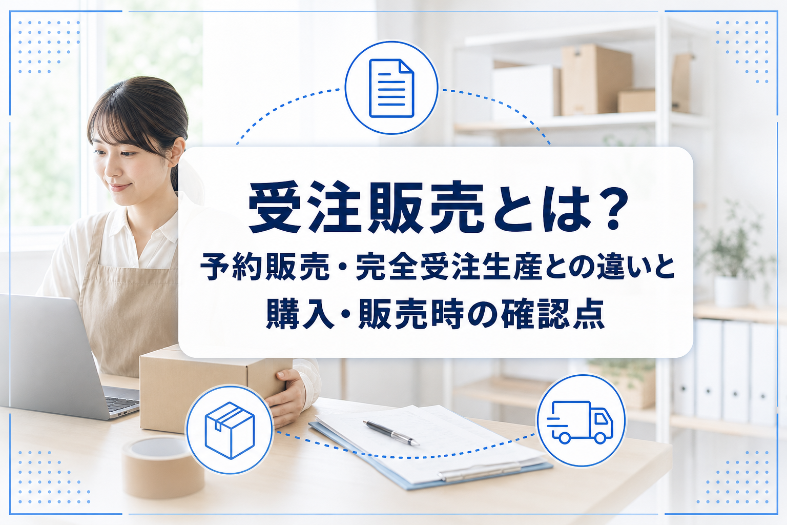 注文内容を確認し、梱包箱を準備する作業者と、受注販売の記事タイトルを示したアイキャッチ