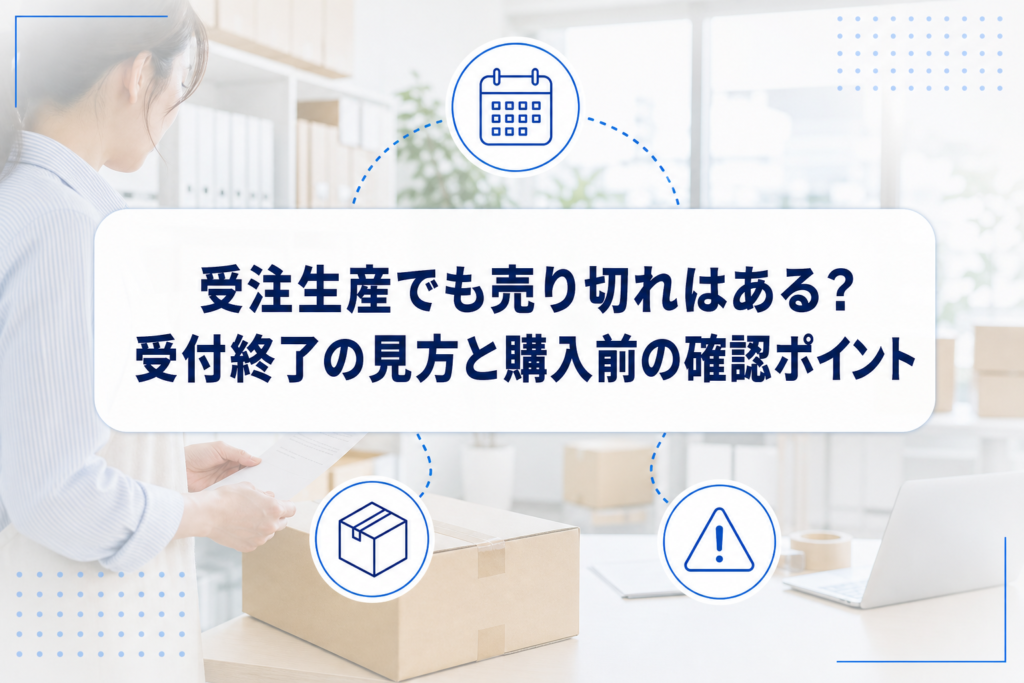 販売条件の書類と梱包箱を確認する作業者を背景に、受注生産品の受付終了と購入前の確認ポイントを示すタイトルカードを重ねたアイキャッチ。