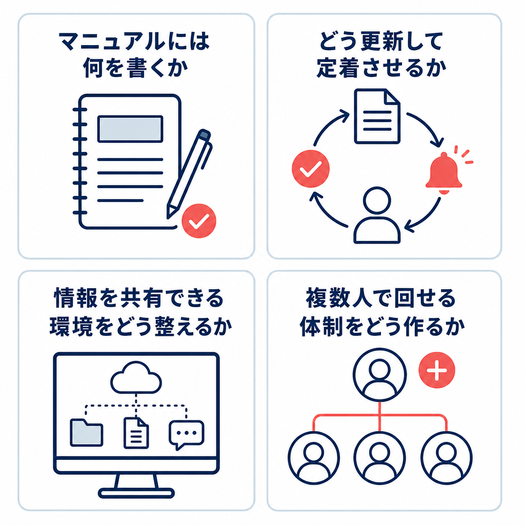 マニュアル化・情報共有・複数担当化の実務を整理した4項目カード