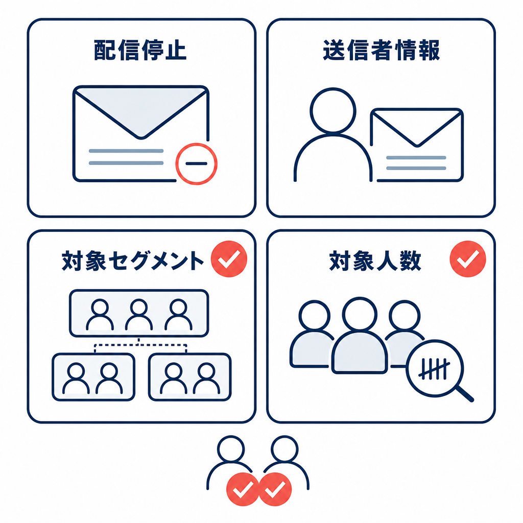 配信停止、送信者情報、対象セグメント、対象人数をメール配信前に確認するチェックリスト