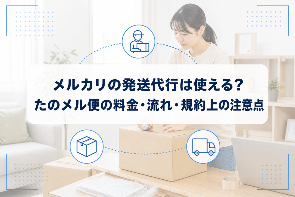 大型品の梱包作業をする人物と段ボール箱を背景に、メルカリの発送代行とたのメル便の料金・流れ・規約上の注意点を示すアイキャッチ。