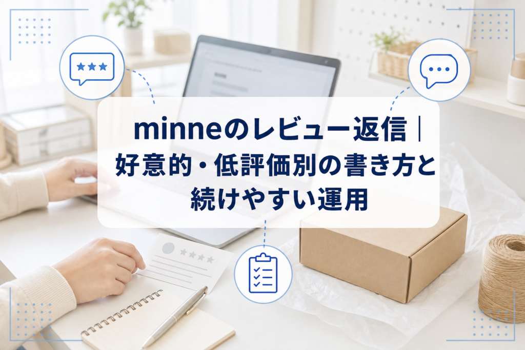梱包物とノートPCを前に、レビューへの返信を確認する販売者の作業風景。中央に記事タイトル、周囲にレビュー・返信・確認のアイコンがある。