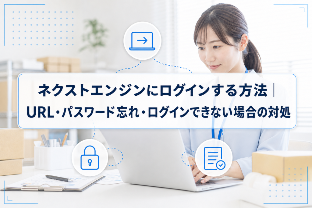 ノートPCを操作する担当者の写真に、ネクストエンジンのログイン方法とログインできない場合の対処を示すタイトルカード、鍵とログインのアイコンを重ねたアイキャッチ。