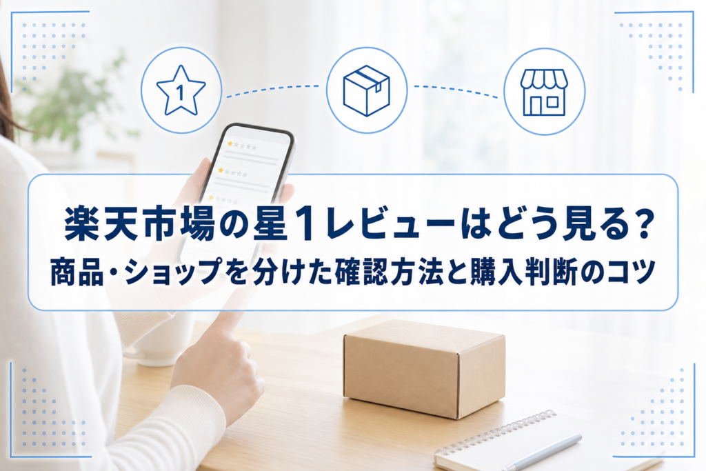 梱包箱の横でスマートフォンのレビューを確認し、星1・商品・ショップのアイコンが添えられたアイキャッチ