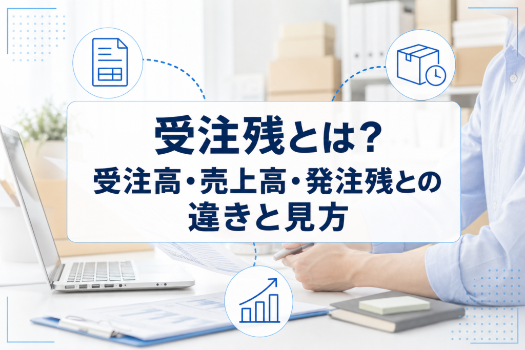 書類確認の業務写真を背景に、受注残・受注高・売上高・発注残の違いを示すタイトルカードと注文書、箱、上向き矢印のアイコンを配置したアイキャッチ。