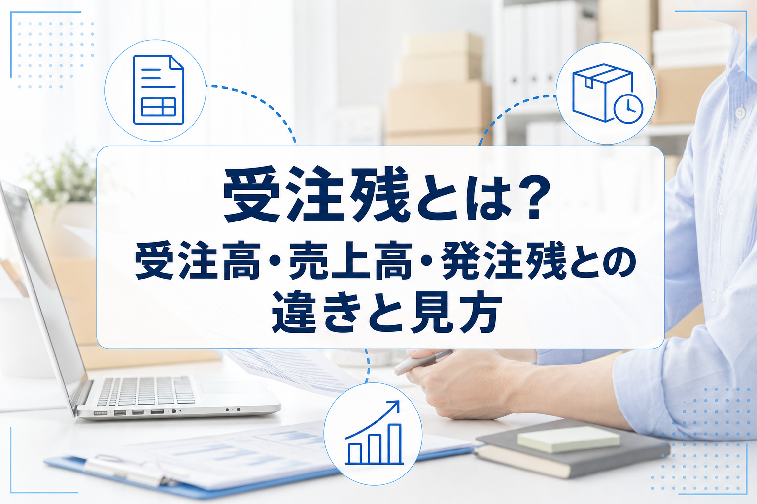 書類確認の業務写真を背景に、受注残・受注高・売上高・発注残の違いを示すタイトルカードと注文書、箱、上向き矢印のアイコンを配置したアイキャッチ。