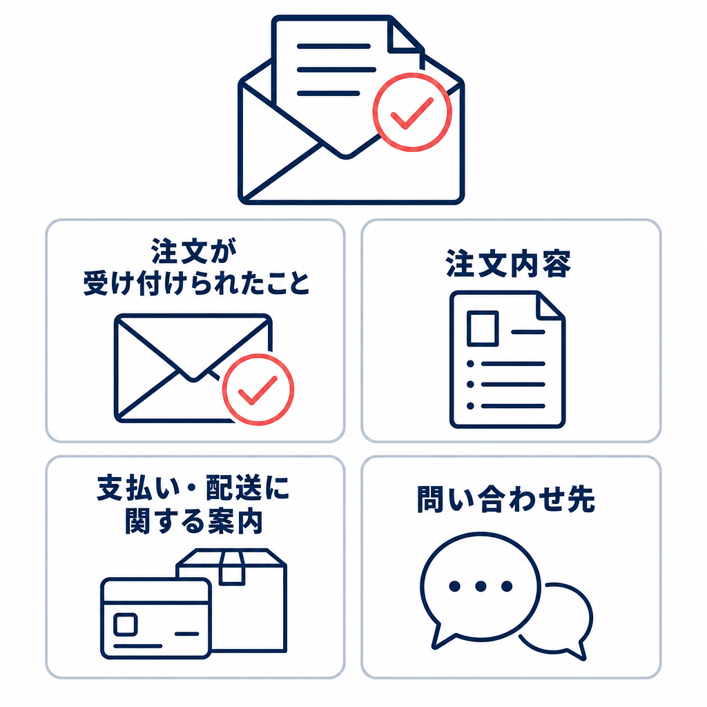 注文確認メールに記載する、注文受付、注文内容、支払い・配送案内、問い合わせ先の4項目