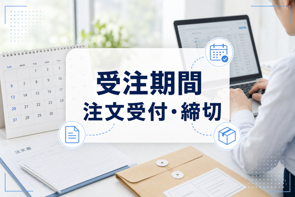 カレンダーと注文書が置かれた明るいデスクに『受注期間』のタイトルカードが重なったアイキャッチ