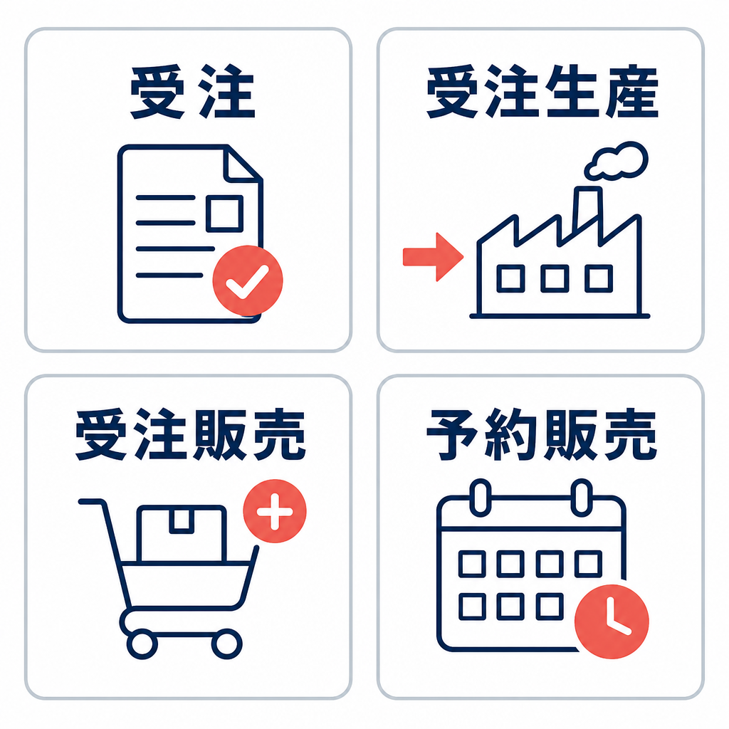 受注、受注生産、受注販売、予約販売の4つを2×2で整理した用語マップ
