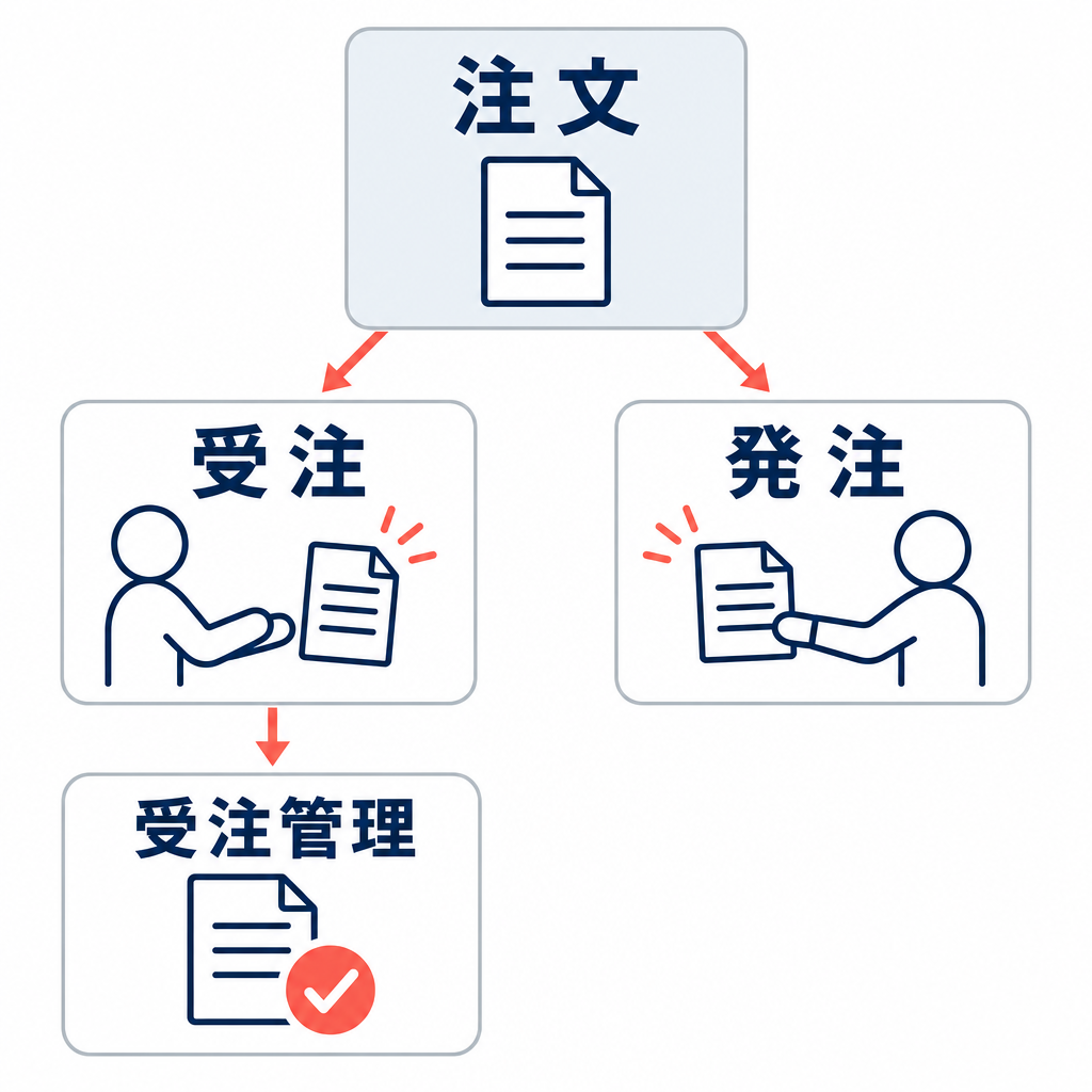 中央の注文から、受ける側の受注、注文する側の発注へ関係を示し、受注後の受注管理につなげた図。