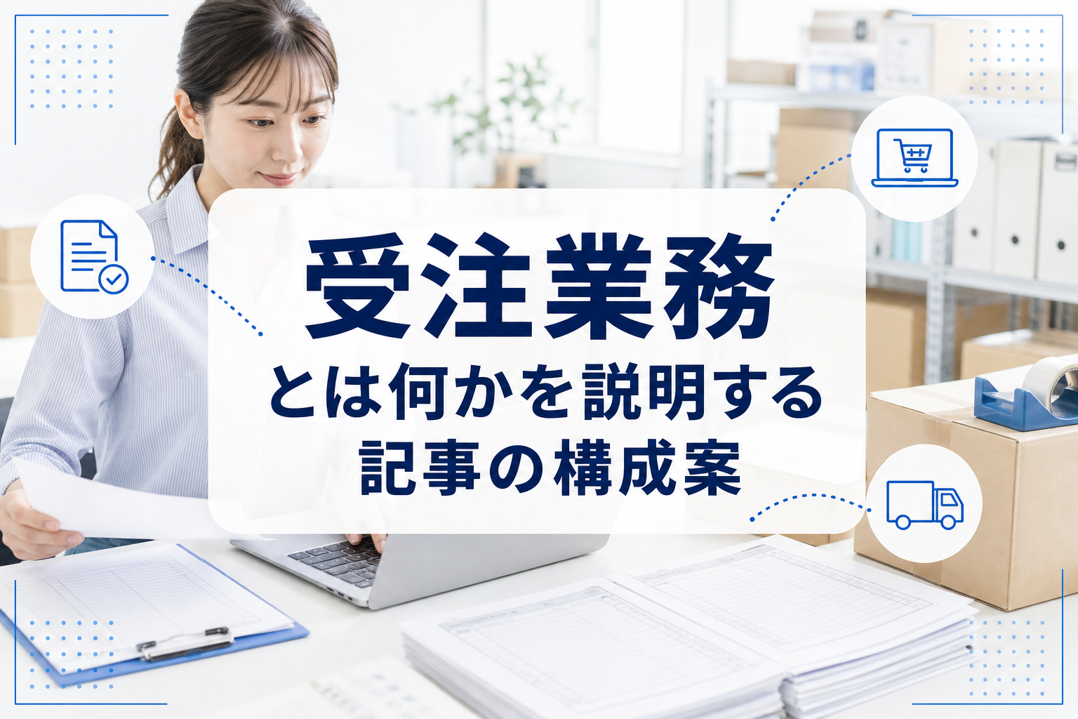 受注伝票とPC、出荷準備のある明るい業務シーンに『受注業務』のタイトルを置いたアイキャッチ