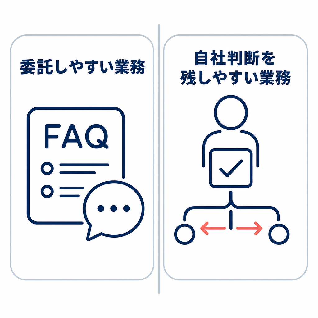 FAQに沿う問い合わせ対応を示す委託しやすい業務と、承認や判断を示す自社判断を残しやすい業務を左右に比較した図。