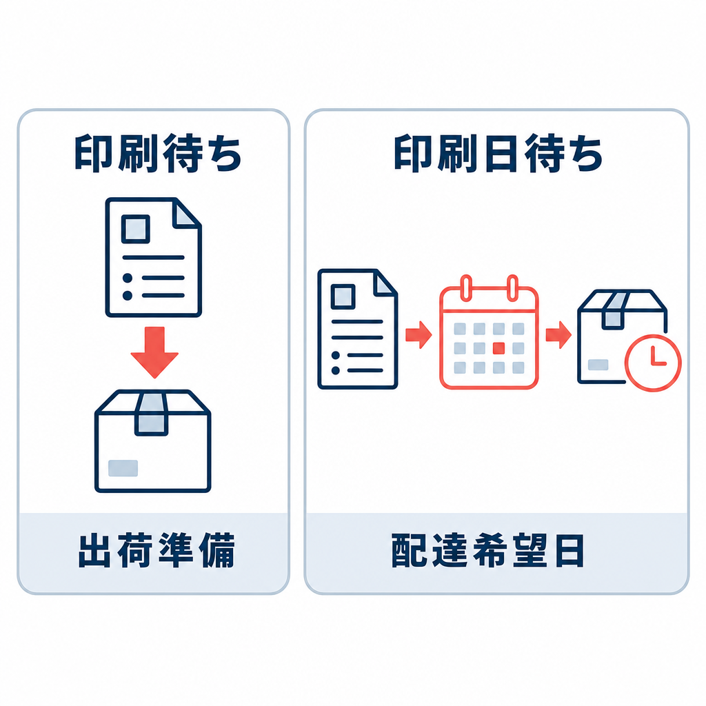 印刷待ちは出荷準備へ進み、印刷日待ちは配達希望日まで保留することを対比した図。