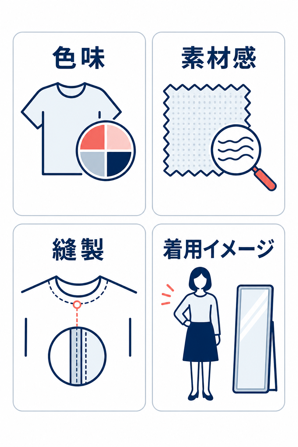 返品を減らすための商品画像で示すべき情報を並べた4項目図