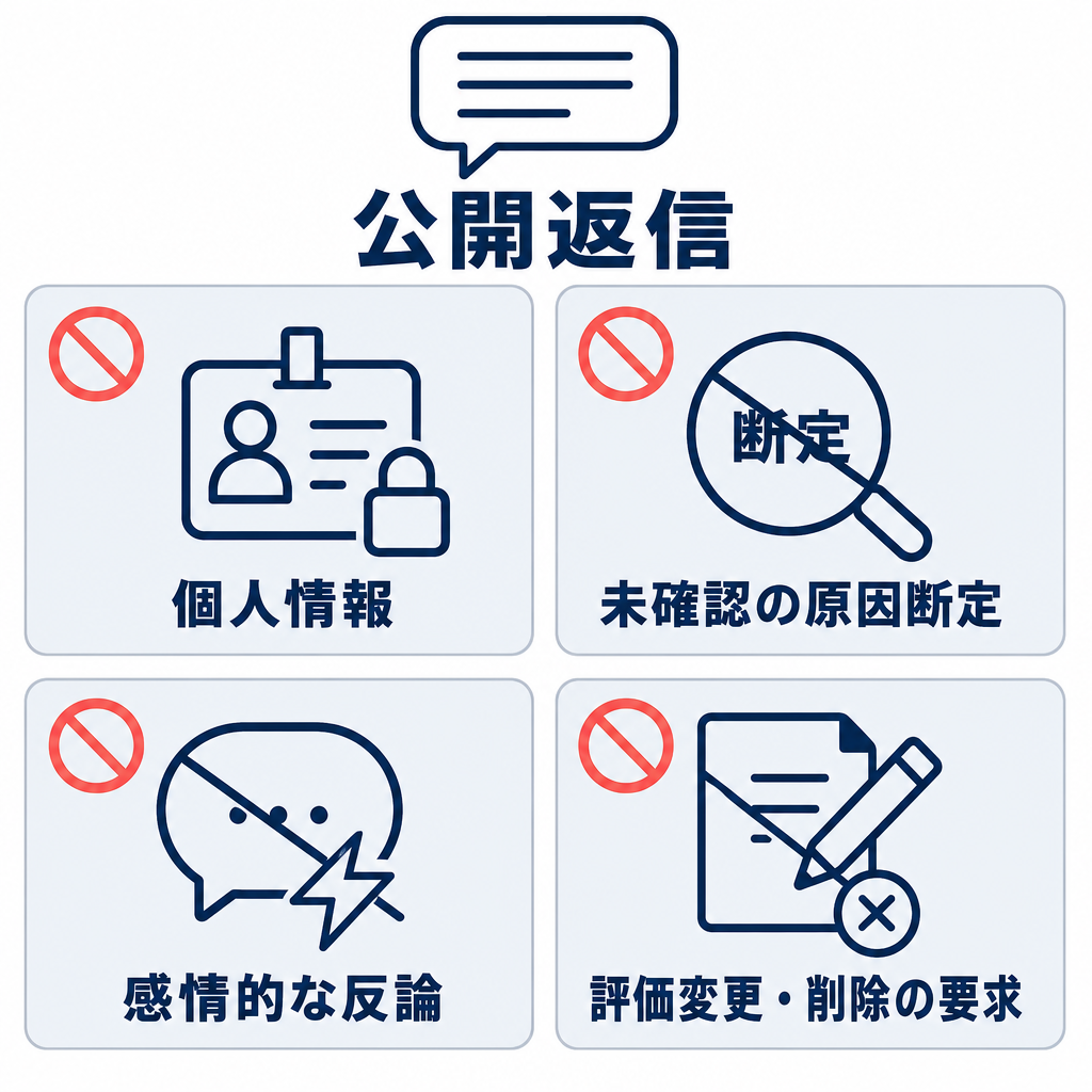 公開返信で避ける個人情報、未確認の原因断定、感情的な反論、評価変更・削除の要求を示すチェック図